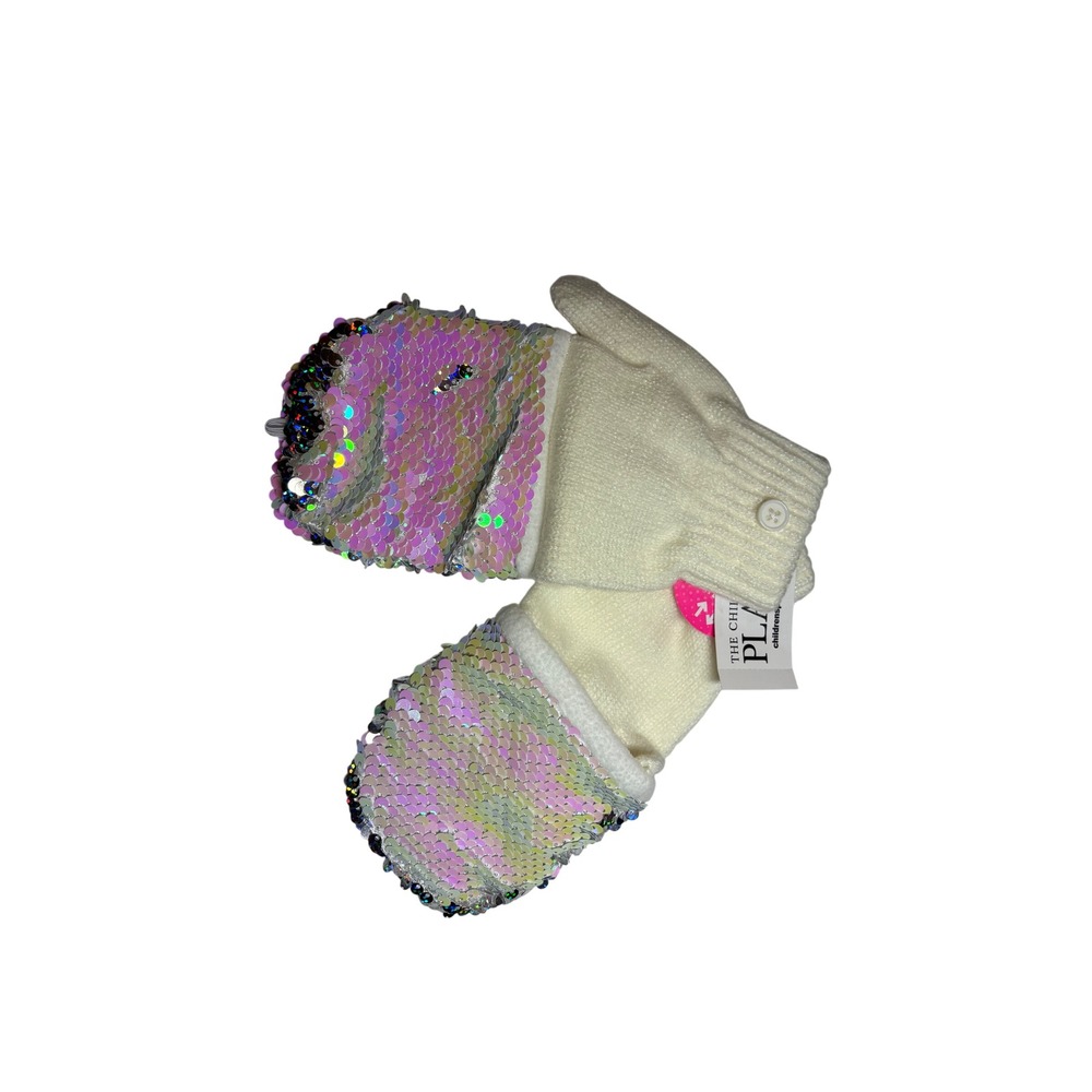 The Childrens Place NWT Girls Holographic Flip Sequin Mittens Cream L/XL